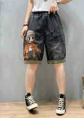 Art Schwarz Grau Elastische Taille Cartoon Mädchen Denim Shorts